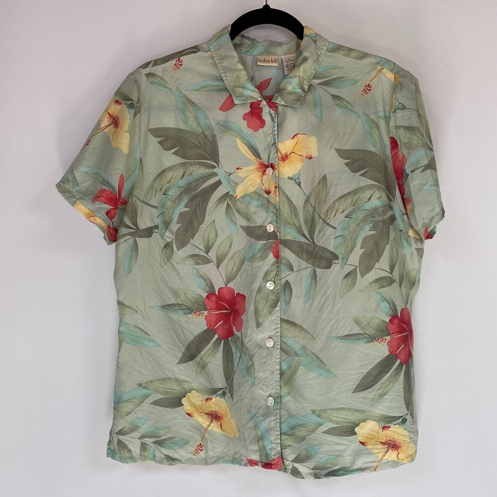 Linden Hill 100% Silk Button-Up Short Sleeve Tropical Flower Womens L